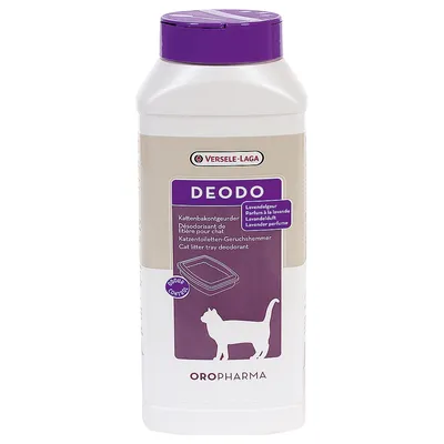 Désodorisant de litière pour chat Versele-Laga Oropharma Deodo, parfum à la lavande, contrôle des odeurs, flacon avec illustration de chat et bac à litière.