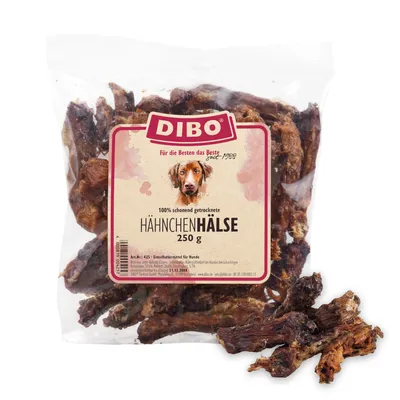 DIBO kuřecí krky, 100% šetrně sušené, 250 g. Jednodruhové krmivo pro psy.