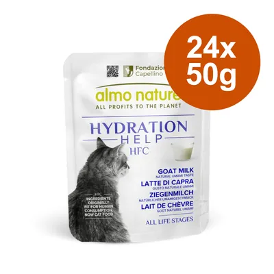 Pachet 24x50g almo nature Hydration Help HFC, lapte de capră pentru pisici. Text vizibil: 'GOAT MILK', 'INGREDIENTS ORIGINALLY FIT FOR HUMAN CONSUMPTION, NOW CAT FOOD'.