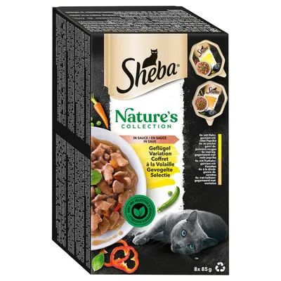 Sheba Nature's Collection Geflügel Variation i sauce, 8 x 85 g. Billede af kattemad i skål, grøn mærkning 'Nature Selection', billede af grå kat og grøntsager på emballagen.
