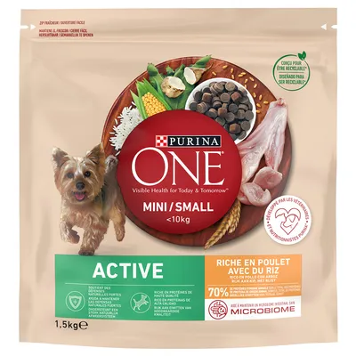 Purina ONE Mini/Small <10kg Active, bohaté na kuře s rýží. Podporuje silnou přirozenou obranyschopnost. 1,5kg balení, recyklovatelné.