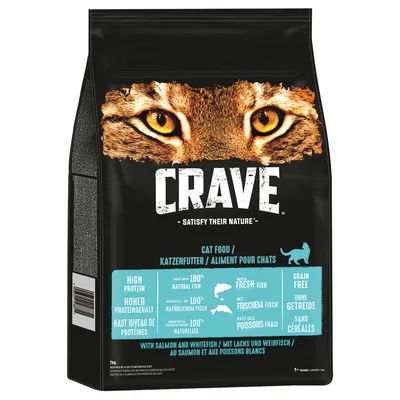 CRAVE aliment pour chats, haut niveau de protéines, avec saumon et poissons blancs, 100 % poisson naturel, sans céréales. Texte en anglais, allemand et français visible sur l’emballage.