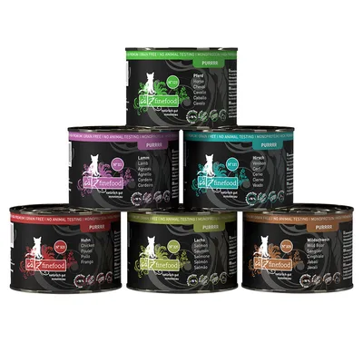 catz finefood PURRRR mokra karma dla kotów, warianty: koń, jagnięcina, jeleń, kurczak, łosoś, dzik. Monobiałkowa, bez zbóż, bez testów na zwierzętach.