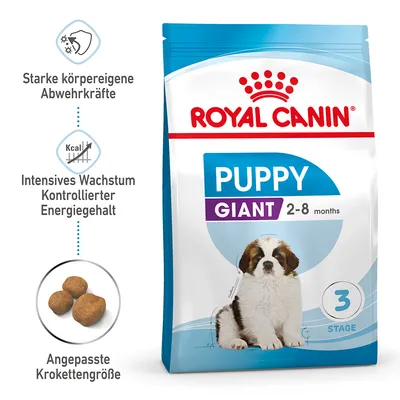 Royal Canin Puppy Giant 2-8 months. Starke körpereigene Abwehrkräfte, intensives Wachstum, kontrollierter Energiegehalt, angepasste Krokettengrösse. Verpackung mit Hundebild.