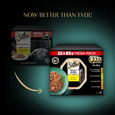 Sheba Select Slices in Gravy baromfi válogatás, 32×85 g mega-pack. Látható: új és régi csomagolás, angol szöveg: with chicken and turkey, with chicken, with poultry, with turkey.