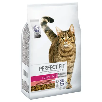 Perfect Fit torrfoder för katt, active 1+, Rich in Beef, synlig näringsinformation och total 5-symbol på förpackningen. Bild på brunrandig katt på framsidan.