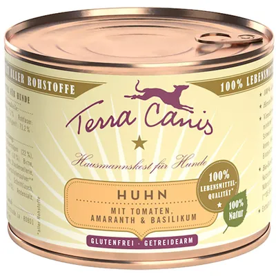Terra Canis Huhn mit Tomaten, Amaranth & Basilikum. 100% Lebensmittel-Qualität, 100% Natur, glutenfrei, bezglutenowa karma dla psów w puszce.