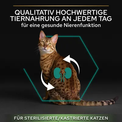 Qualitativ hochwertige Tiernahrung für eine gesunde Nierenfunktion. Geeignet für sterilisierte/kastrierte Katzen.