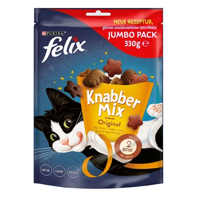 Purina Felix Knabber Mix Original, 330 g. Snack para gatos con pollo, hígado y pavo. Indica proteínas, vitaminas, omega 6 y aprox. 2 kcal por snack. Texto en alemán.