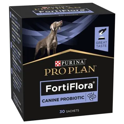 Confezione Purina Pro Plan FortiFlora Canine Probiotic, 30 sachets. Testo visibile: Great Taste.