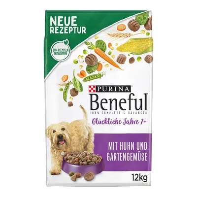 Purina Beneful Glückliche Jahre 7+ with chicken and garden vegetables, new recipe, 12kg. Designed for recycling.