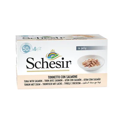 Schesir Thon avec saumon en gelée, lot de 6 x 50 g. Texte visible : Tonnetto con salmone, in jelly, thon avec saumon, image d’un bol avec morceaux de poisson.