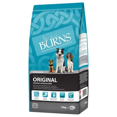 Burns Original Adult Senior Chicken & Brown Rice hundefoder, 15 kg pose. Tekst: Natural nutrition for a long healthy life. Billede af tre hunde på forsiden.