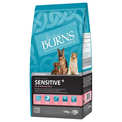 Burns Sensitive+ Adult Senior hundefoder med and og brune ris, hypoallergen, 15 kg til 150 måltider. Understøtter hud, fordøjelse og velvære.