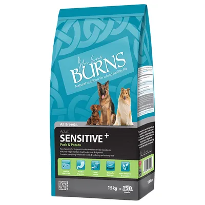 Burns Adult Sensitive+ Pork & Potato, hypoallergenes Hundefutter für alle Rassen. 15kg Packung, 150 Mahlzeiten. Unterstützt gesunde Haut, Verdauung und Wohlbefinden.