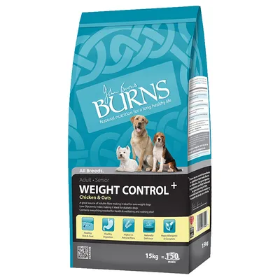 John Burns Weight Control+ kylling og havre, til alle racer, voksne og seniorer. Hypoallergen, sund fordøjelse, naturlige fibre, 15 kg = 150 måltider.