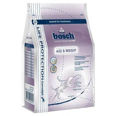 Bosch Life Protection Concept Age & Weight, Ultra Premium Quality, vanhemmille koirille yli 7 vuotta, painonhallinta ja ikääntymisen ehkäisy. Pakkaus sisältötiedoilla näkyvissä.