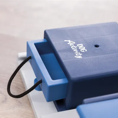 Giocattolo blu con la scritta 'DOG Activity', cassetto con cordino nero per estrarre.