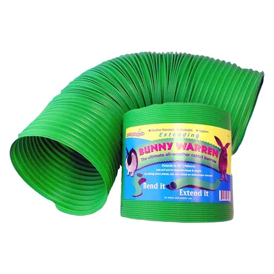 Green flexible tunnel 'Bunny Warren', weatherproof, washable, hygienic. Length up to 30 inches (760 mm). Suitable for indoor and outdoor use.