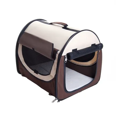 Kankainen lemmikkien kuljetuslaukku, ruskea-beige, verkkopaneelit sivuilla ja edessä, vetoketjullinen ovi auki, kantokahva päällä.
