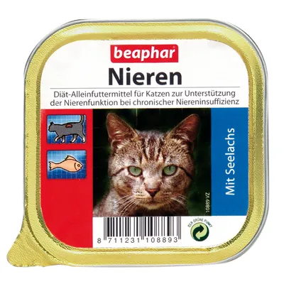 Barquette beaphar Nieren pour chats, texte allemand : aliment diététique pour soutenir la fonction rénale, avec photo de chat et mention Mit Seelachs. Code-barres visible.