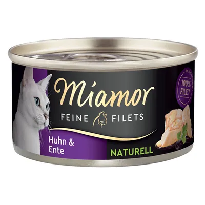 Miamor Feine Filets, Huhn & Ente, Naturell. Im Filet: 100% Filet. Katzenfutter in Dose mit Bild einer weissen Katze und Hühnerfiletstücken.