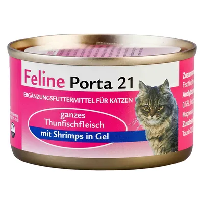 Feline Porta 21 -täydennysravinto kissoille, saksankielinen teksti: ganzes Thunfischfleisch mit Shrimps in Gel. Kuvassa kissan kuva ja vaaleanpunainen etiketti.