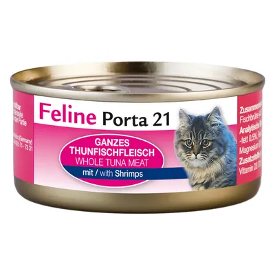 Konzerva Feline Porta 21, whole tuna meat mit/with shrimps, obrázok mačky na etikete. Text v nemčine a angličtine.