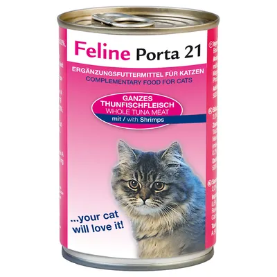 Feline Porta 21 kattemad, GANZES THUNFISCHFLEISCH WHOLE TUNA MEAT mit/with Shrimps, dåse med billede af kat. Tekst: ...your cat will love it!