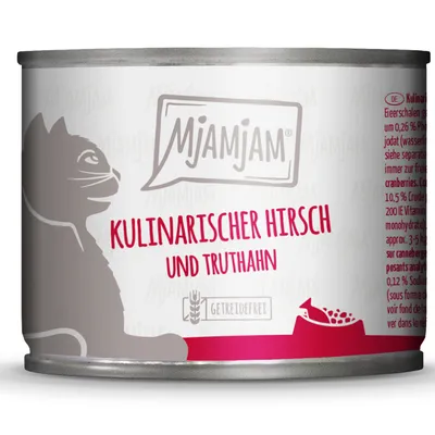 MjAMjAM Kulinarisk hjort och kalkon, spannmålsfri. Våtfoder för katter i burk med synlig text och symboler.