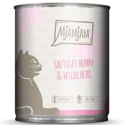 MjAMjAM wet food for cats, variety: juicy chicken & wild salmon, grain-free, high fish content.