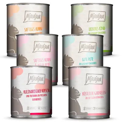 Mjamjam cat food in cans: juicy chicken, tasty beef, good turkey, juicy chicken & wild salmon, culinary venison with cranberries, delicious prawns with juicy chicken.