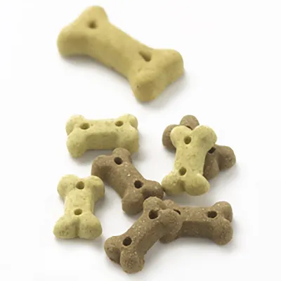 Assorted bone-shaped dog biscuits in light brown and beige colours, various sizes, shown on a white background.