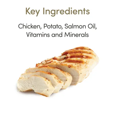 Belangrijkste ingrediënten: kip, aardappel, zalmolie, vitaminen en mineralen (tekst in het Engels zichtbaar op de afbeelding).