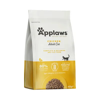 Applaws Trockenfutter für erwachsene Katzen, Geschmacksrichtung Huhn. Mindestens 80% tierisches Protein, getreidefrei, hypoallergen mit Präbiotika. Packungsgrösse: 400g.