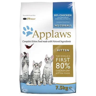 Balení Applaws Complete Kitten Food 7,5 kg, 80 % chicken with vegetables & natural extracts, no cereals, 270 meals, obrázek tří koťat a motýla. Text v angličtině.
