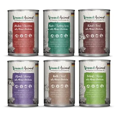 Venandi Animal Premium kattmat, monoprotein: kyckling, kalkon, nötkött, häst, kalv, får. Naturliga ingredienser, extra mycket kött, spannmålsfri.