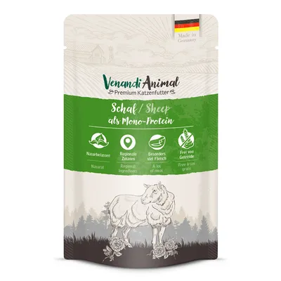 Venandi Animal Premium karma dla kotów, jagnięcina jako jedno źródło białka. Naturalne, regionalne składniki, dużo mięsa, bez zbóż. Wyprodukowano w Niemczech.