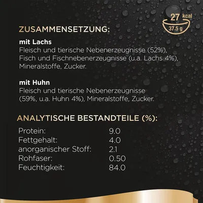 Text în germană: compoziție cu somon și pui, ingrediente principale, analiză nutrițională: proteină 9 %, grăsimi 4 %, cenușă 2,1 %, fibre 0,5 %, umiditate 84 %, 27 kcal/37,5 g.