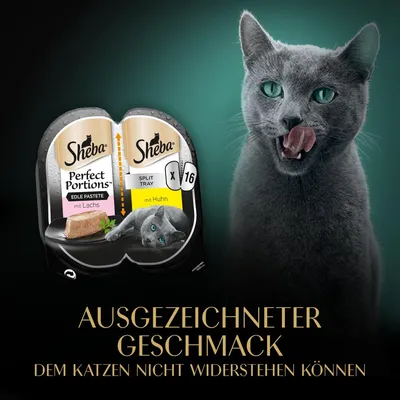Sheba Perfect Portions pâtée pour chat, pack de 16, saveurs saumon et poulet. Texte en allemand : Ausgezeichneter Geschmack, dem Katzen nicht widerstehen können.