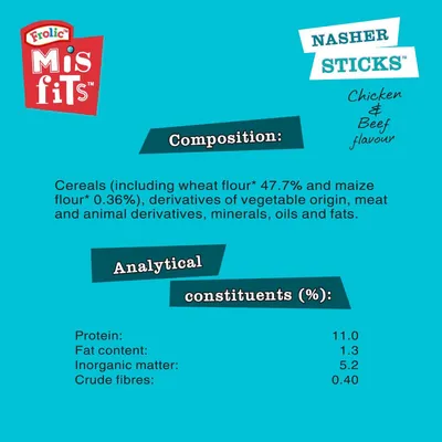 Ingredients: cereals including wheat flour 47.7% and maize flour 0.36%, vegetable derivatives, meat and animal derivatives, minerals, oils, fats. Protein 11%, fat 1.3%, ash 5.2%, fibre 0.4%.