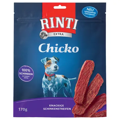 Bolsa de Rinti Extra Chicko, 170 g. Texto visible: 100% Schinken, knackige Schinkenstreifen, neu verbesserter Geschmack. Imagen de tiras de jamón y dibujo de perro.