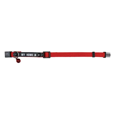 Red adjustable collar with a bell and a tag reading 'MY HOME' with an arrow symbol.