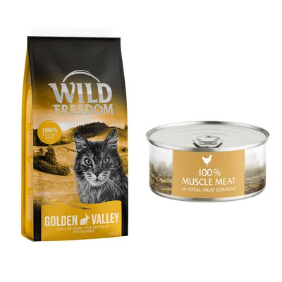 Wild Freedom Golden Valley cat food 6.5 kg bag with '100% grain-free recipe' and tin labelled '100% muscle meat in total meat content'. Lots of fresh poultry meat with rabbit.