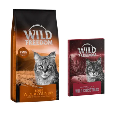 Balení Wild Freedom Senior Wide Country 6,5 kg s textem '100% grain-free recipe' a krabička Wild Freedom Dreamin' of a Wild Christmas 18 g. Obě s obrázkem kočky.