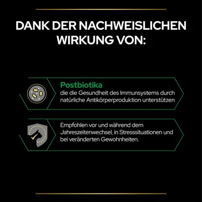 Texte en allemand : Postbiotika, die die Gesundheit des Immunsystems durch natürliche Antikörperproduktion unterstützen. Empfohlen vor und während dem Jahreszeitenwechsel, in Stresssituationen.