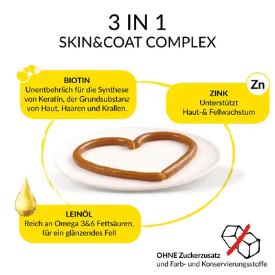 3 IN 1 Skin & Coat Complex mit Biotin für Keratinsynthese, Zink für Haut- und Fellwachstum, Leinöl mit Omega 3&6. Ohne Zuckerzusatz sowie Farb- und Konservierungsstoffe.