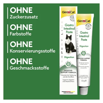 GimCat Gastro Intestinal Paste, ohne Zuckerzusatz, Farbstoffe, Konservierungsstoffe und Geschmacksstoffe. Unterstützt Verdauung und Darmflora. Made in Germany.