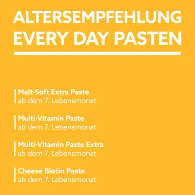 Altersempfehlung für Every Day Pasten: Malt-Soft Extra Paste, Multi-Vitamin Paste, Multi-Vitamin Paste Extra, Cheese Biotin Paste. Ab dem 7. Lebensmonat geeignet.