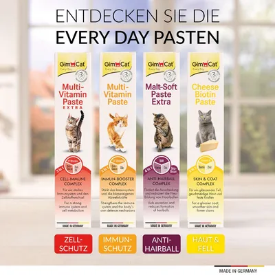 Fire varianter af GimCat kattepasta: Multi-Vitamin Paste Extra, Multi-Vitamin Paste, Malt-Soft Paste Extra og Cheese Biotin Paste. Synlig tekst: Zell-Schutz, Immun-Schutz, Anti-Hairball, Haut & Fell.